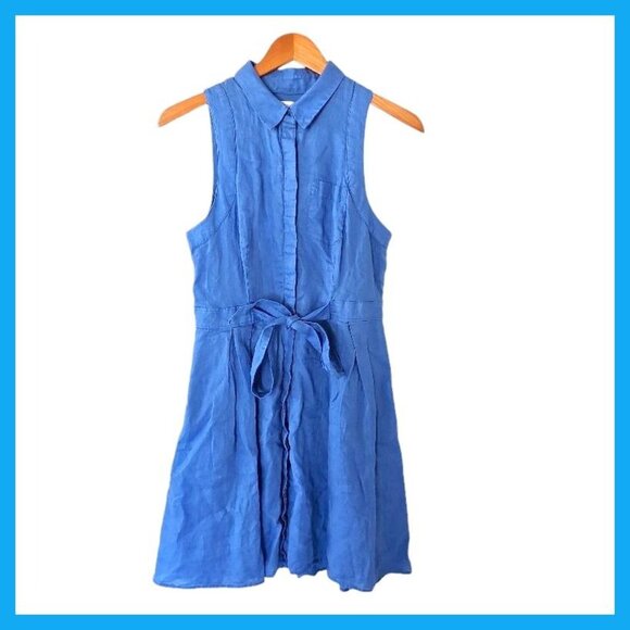 Anthropologie HD in Paris Blue 100% Linen Collared Sleeveless Side Pleated Flare - Picture 7 of 15